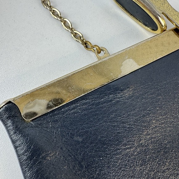 1960s minimalist glam navy leather clutch Etra gold frame evening bag - Picture 6 of 16